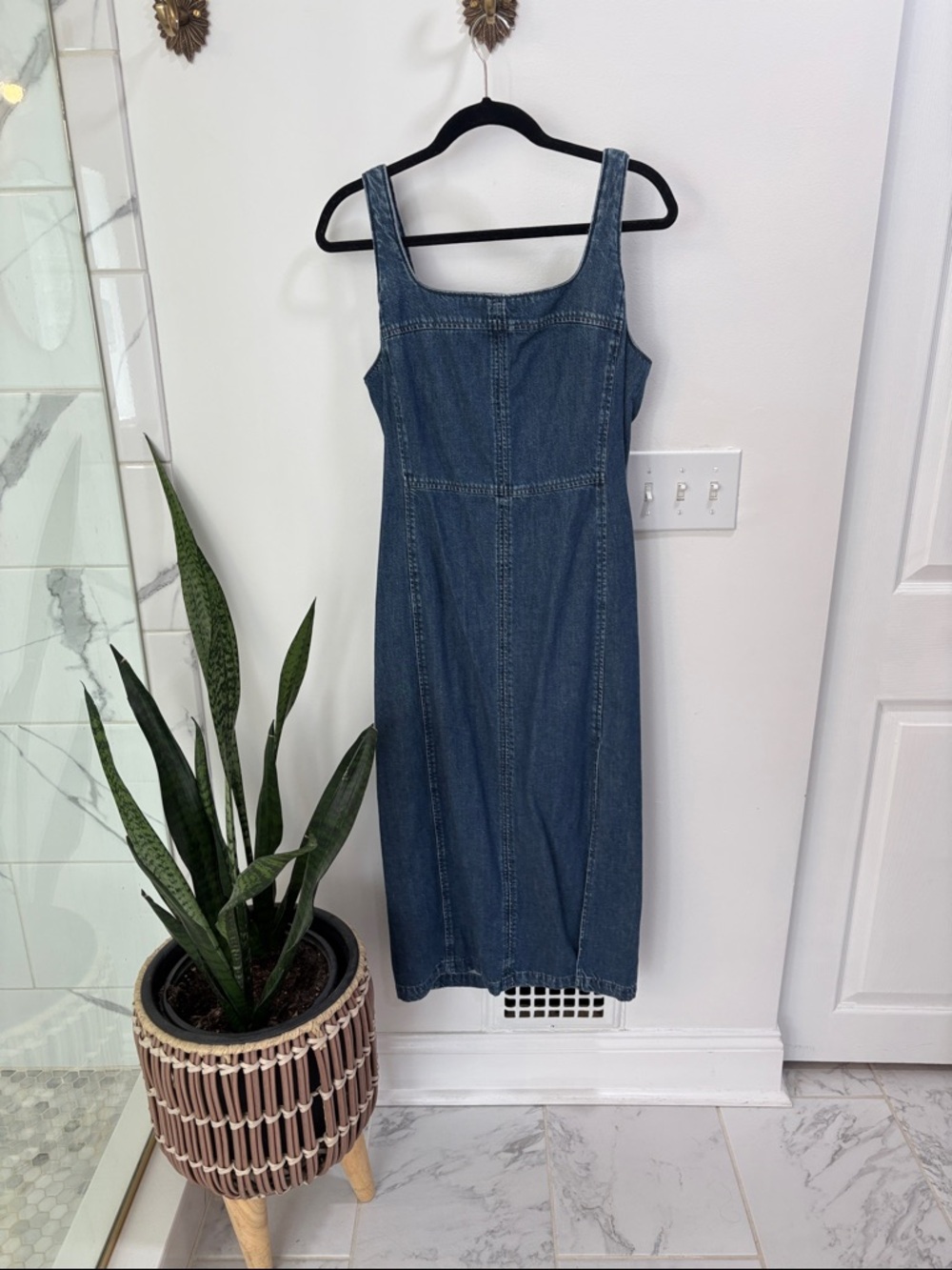 LOFT Denim Square-Neck Midi Dress in Blue